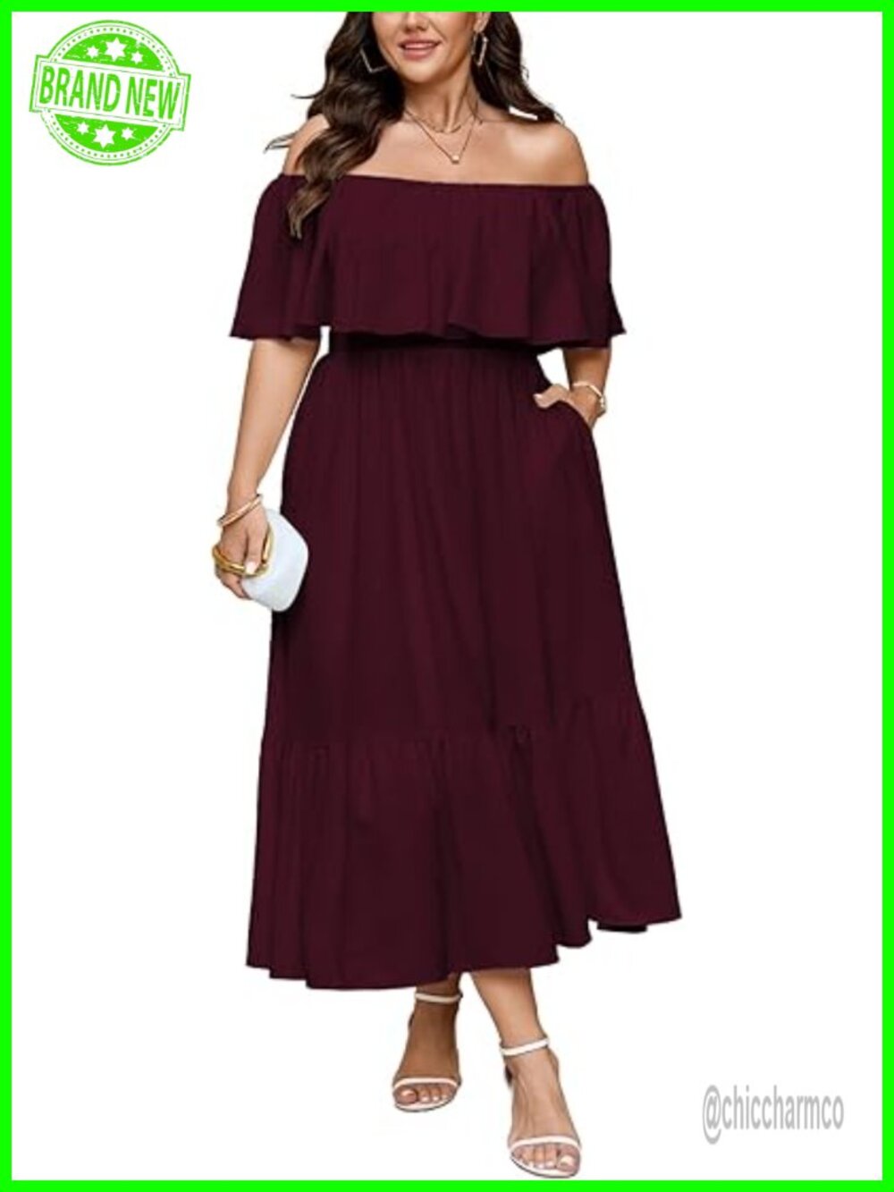 Plus Size Off The Shoulder Smocked Waist Ruffle Slit Maxi Cocktail Dress
